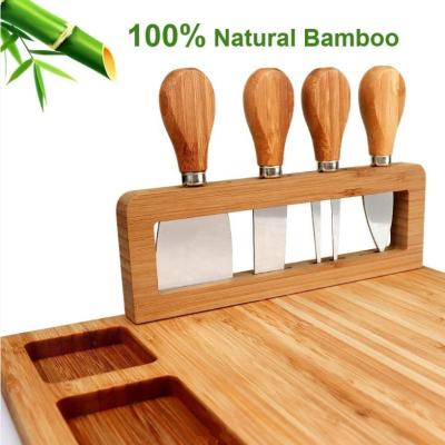 China Sustainable Bamboo Cheese Board Set Dinner Dish with 4 Stainless Steel Knives and Cooking Utensils for sale