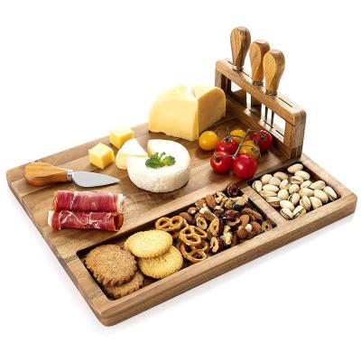 China Sustainable Wooden Bamboo Wine Cheese With Removable Slate Cutlery Set Meat Serving Board Including 4 Stainless Steel Knife for sale