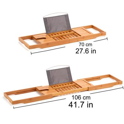 China 2021wholesale High Quality Sustainable Adjustable Bamboo Bathtub Tray Caddy With Wine Holder Expandable Cup for sale