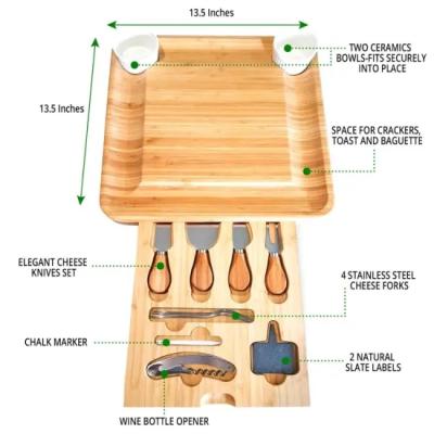 China Disposable Home Euphoria Natural Bamboo Cheese Board and Cutlery Set with Slide-Out Drawer. Serving tray for wine, biscuits, Charcuterie for sale