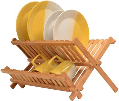 China Sustainable Wholesale Bamboo Folding 2-Tier Kitchen Dish Drying Storage Rack For Countertop for sale