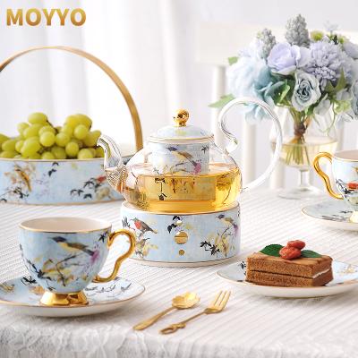 China Morden Luxury Bone China Colorful Bird Decal Coffee Cup And Saucer Tea Set With Stand for sale