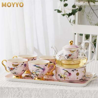 China Morden Luxury European Bone China Flower Glass Cup Tea And Coffee Set With Tray for sale