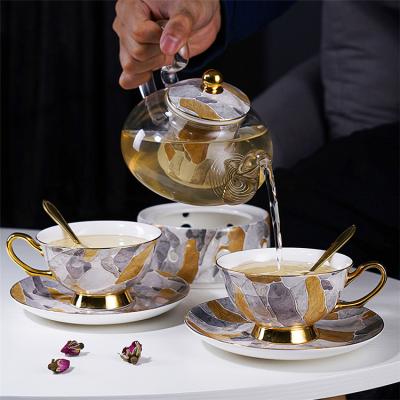 China New Morden Bone China Ceramic Porcelain Tea Cups Luxury Luxury Saucers Set With Tray for sale