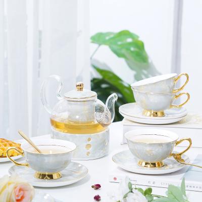 China Colorful Morden Luxury Bone China Decal Coffee Cup and Saucer Tea Set with Stand for sale