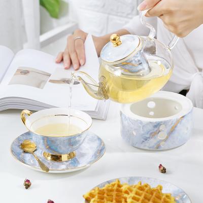 China Viable Luxury Bone China Decal Colorful Coffee Cup And Saucer Tea Set With Stand for sale