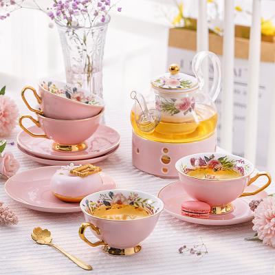 China Luxury Morden Style Parlor Afternoon Tea Set Coffee Pastoral Sugar Set Pink Ceramic Fruit Teapot With Filter for sale