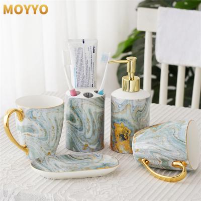 China Morden Luxury Original Design Colored Drawing Five Ceramic Bathroom Accessories Set for sale