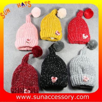 China AK17024 Sun Accessory winter kids knitted beanie caps and hats with pom pom ,caps in stock MOQ only 3 pcs for sale