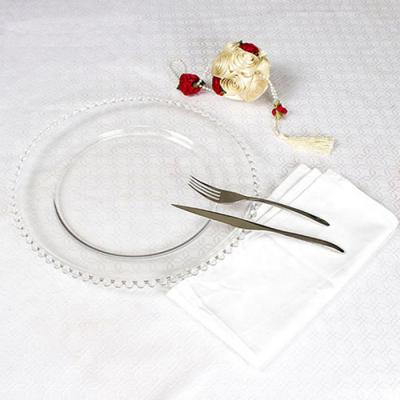 China Hotel Disposable Simple Wedding Pearl Glass Style Charger Transparent Glass Dish for sale