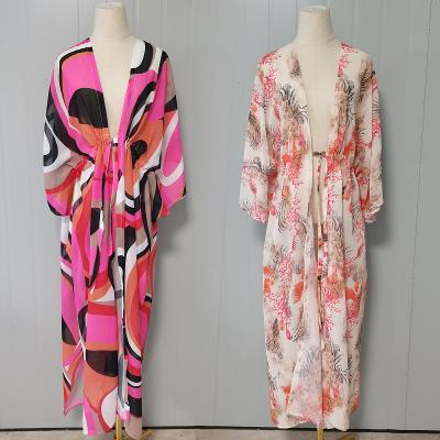 China Breathable Ladies Beach Cover Up Printed Chiffon Plus Size Long Maxi Beach Dress Kimono Robe for sale