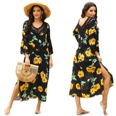 China Factory Wholesale Women Floral Print Breathable Cover Up Boho Long Maxi Beach Wear Dress for sale