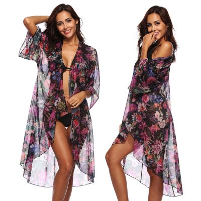 China Factory Women Breathable Long Robes Print Boho Beach Kimono Cardigan Chiffon Cover Up Yukata for sale