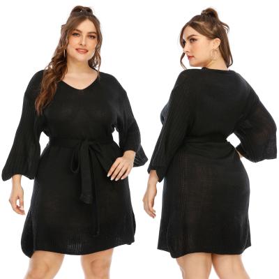 China Latest Breathable Women Plus Size Autumn V-neck 3/4 Flare Sleeve Tie Waist Sweater Midi Dress for sale