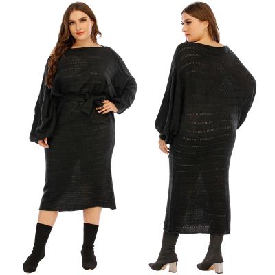 China High Quality Breathable Cavity Plus Size Sweater Dress Puff Sleeve Boat Neck Bandage Midi Dress for sale