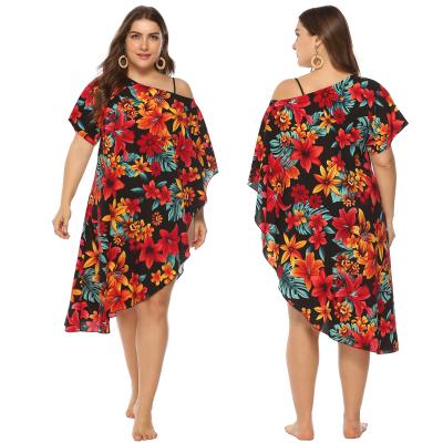 China Breathable Sarongs Beachwear Pareo Floral Printed Off Shoulder Loose Beach Dress Plus Size for sale