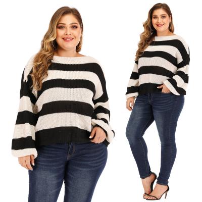 China Anti-wrinkle amazon hot sale plus size black and white striped lantern sleeve pullover sweater for sale