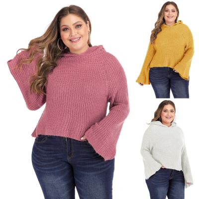 China Anti-wrinkle plus size flare sleeve hooded ladies knit pullover sweater for fat women for sale