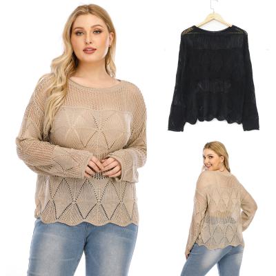 China New Autumn Women Plus Size Breathable Hollow Out Crewneck Knit Casual Fashion Sweater Pullover Tops for sale