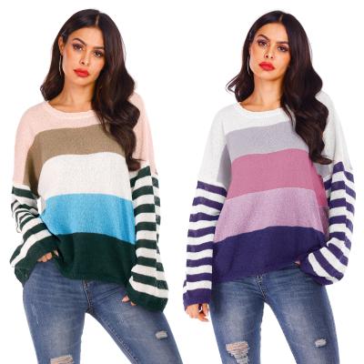 China Anti-Wrinkle Women Striped Color Block Casual Crew Neck Long Sleeve Knit Pullover Sweater Jumper Tops for sale