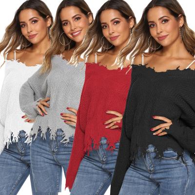 China Factory Winter Solid Color V Neck Breathable Long Sleeve Women Distressed Sweater Sweater Oversized for sale