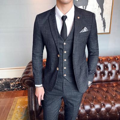 China (Blazer + Vest + Pants) Classic Anti-Static Retro Men's Groom Wedding Dress Dark Plaid; s formal suit three piece set for sale