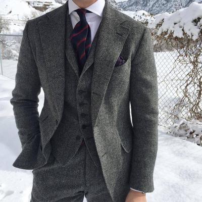 China Gray Wool Tweed Winter Men Antistatic Suit' s For Wedding Formal Groom Tuxedo Herringbone Male Fashion 3 Piece (Jacket+Vest+Pants+Tie) for sale