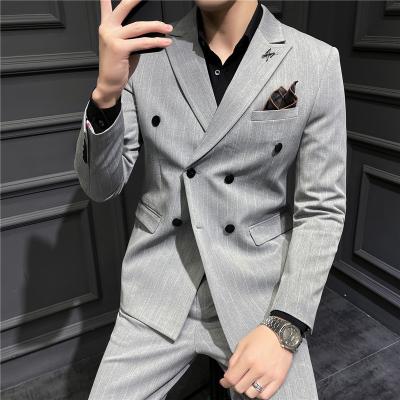 China New Men's High Quality Anti-Static; western suitable suit business casual temperament cross striped wedding host banquet outfit for sale