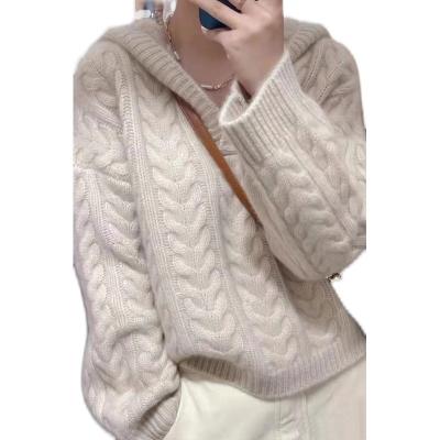 China 100% Pure Color Knitted Casual Loose Viable Pullover Cashmere Sweater Ladies Long Sleeve Hooded Sweater Hot Sale Woolen Short Winter for sale