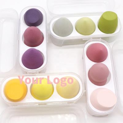 China Customized Logo Group 3 Pcs Waterdrop Olive Cut Shape Latex Free Face Foundation Powder Puff Makeup Sponge Box Super Soft Cosmetic Set for sale