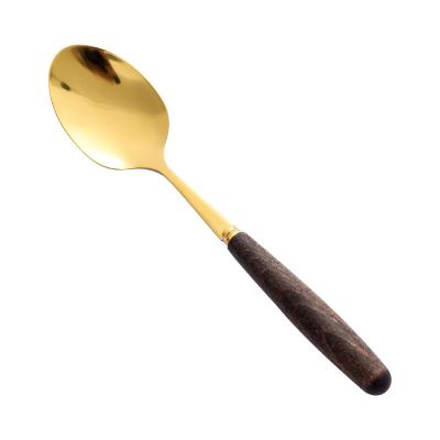 China Creative Wooden Fruit Spoon Fruit Fork Teaspoon Stainless Steel Handle Knife Viable Fork Spoon for sale