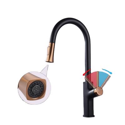 China Pull Out Spray Black and Rose Gold Faucet Pull Down 360 Rotation Kitchen Water Tap Single Handle Sink Mixer Brass Steel Pull Out Kitchen Faucet for sale