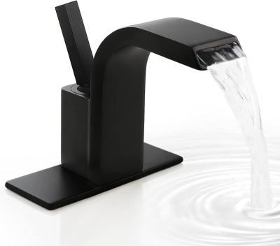 China Metered Faucets Matte Black Waterfall Bathroom Faucet Sink Single Handle Bath Faucet Deck Mount Vanity Vessel Single Hole Faucet with Deck Plate for sale