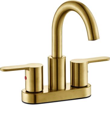 China Metered Faucets Brushed Gold 2 Handle Centerset Basin Faucet High Arc Modern Bathroom Vanity Lavatory Faucet 3 Holes with Brass 360 Swivel Spout for sale