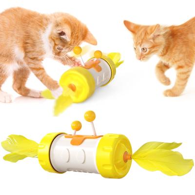 China Automatic Temptress Stocked Cat Rotate Feather Toys Pet Roller Interactive Cat Toys for sale