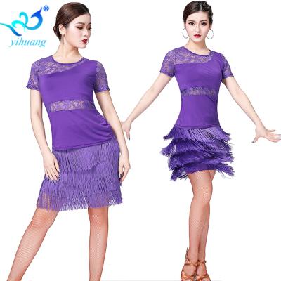 China Sequins Tassels Ballroom Dance Dress Competition Dance Skirt Salsa Dance Costume Practice Set Latin Tassel Embroidered (Top+Skirt) for sale