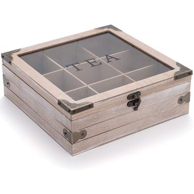 China Handmade Rustic Wooden Tea Box Organizer Wood Tea Bag Holder Box for Storage Tea Cart for sale