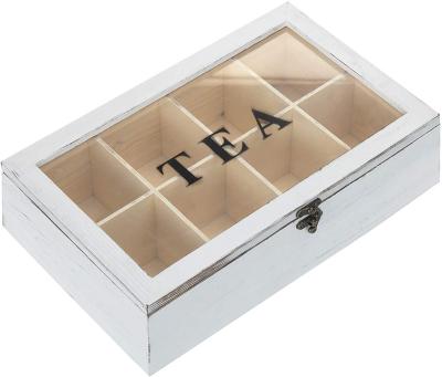 China Handmade vintage white wooden tea bag storage box with 8 compartment wooden tea box for sale