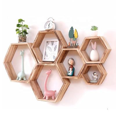 China (Other) 6 Piece Adjustable Rustic Custom Wooden Storage Rack Hexagon Wall Hanging Shelves Storage Wall Mounted Floating Shelf For Display for sale