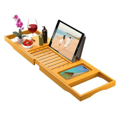 China Luxury Foldable Bamboo Laptop Tray Wooden Caddy Bath Tray Home Restaurant Hotel Bathtub with Expanding Sides Shower Organizer for sale