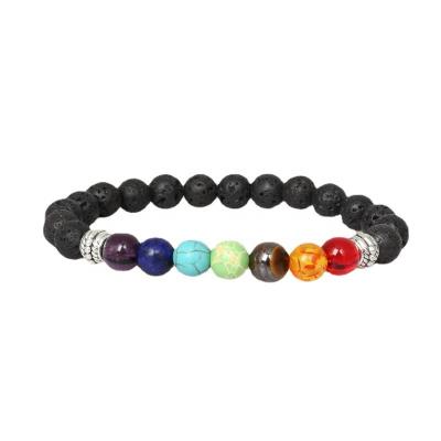 China FASHIONABLE Gem Stone 7 Chakra Alloy Natural Healing Beaded Colorful Bangle Volcanic Stone Yoga Bracelet for sale