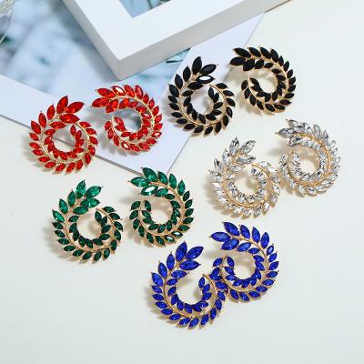 China High Quality Cheap Custom Made Elegant Fashion Explosion Leaf Crystal Aretes Exaggerated Feather Branch Rhinestone Stud Earrings for sale