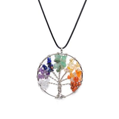 China Vintage Trendy Colorful Balancing Chakra Tree Of Life Round Jewelry Natural Stone Wire Wrapped Pendant Necklace for sale