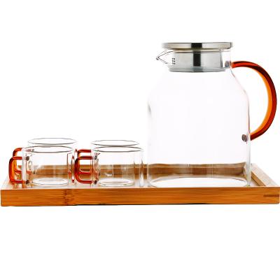 China Unique Design Sustainable Home GROCERY Use Luxury Design Mug Set Heat Resistant Borosilicate 6pcs Water Drinking Glass Set With Amber Handle for sale