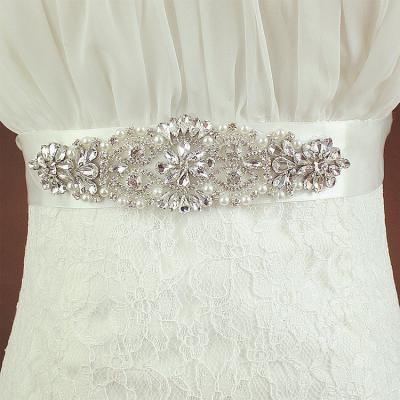 China Wholesale Flatback Crystal Bridal Sash Wedding Dress Sash Crystal Rhinestone Pearl Applique Silver Beaded Patch Bridal Sash LSBS003 for sale