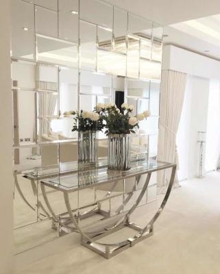 China Contemporary Silver Stainless Steel Frame Transparent Tempered glass Top Demilune Console table for sale