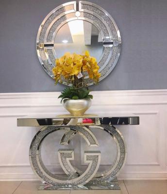 China Sparkly silver mirrored console table crushed diamond decorative GG hallway table for living room for sale