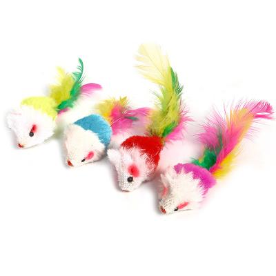 China Stocked Interactive Pet Colorful Cat Mouse Feather Plush Squeaker Sounding Toy Cat Feather Toy Chew Molar Bite Resistant Pet Product for sale