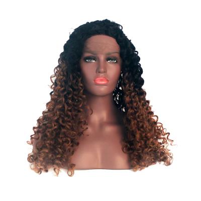 China Kinky Hand Made Braided Synthetic Lace Wigs Long Curl Ombre Black To Brown Curly Wig Lace Front for sale