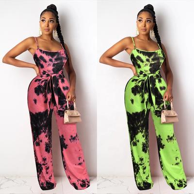 China Wholesale Fashion Ladies Summer Anti Wrinkle Tie Dye Print Waist Halter Top Slim Sleeveless Backless Overalls for sale